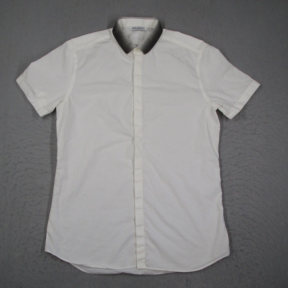 Neil Barrett Mens White Ombre Collar Short Sleeve Slim Fit Button Down Shirt 42